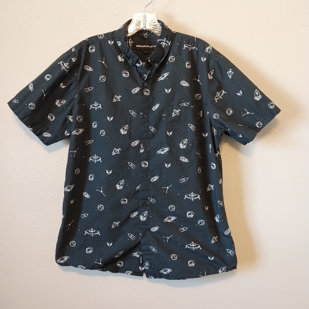 Molokai Black Short Sleeve Space Print Button Up Shirt